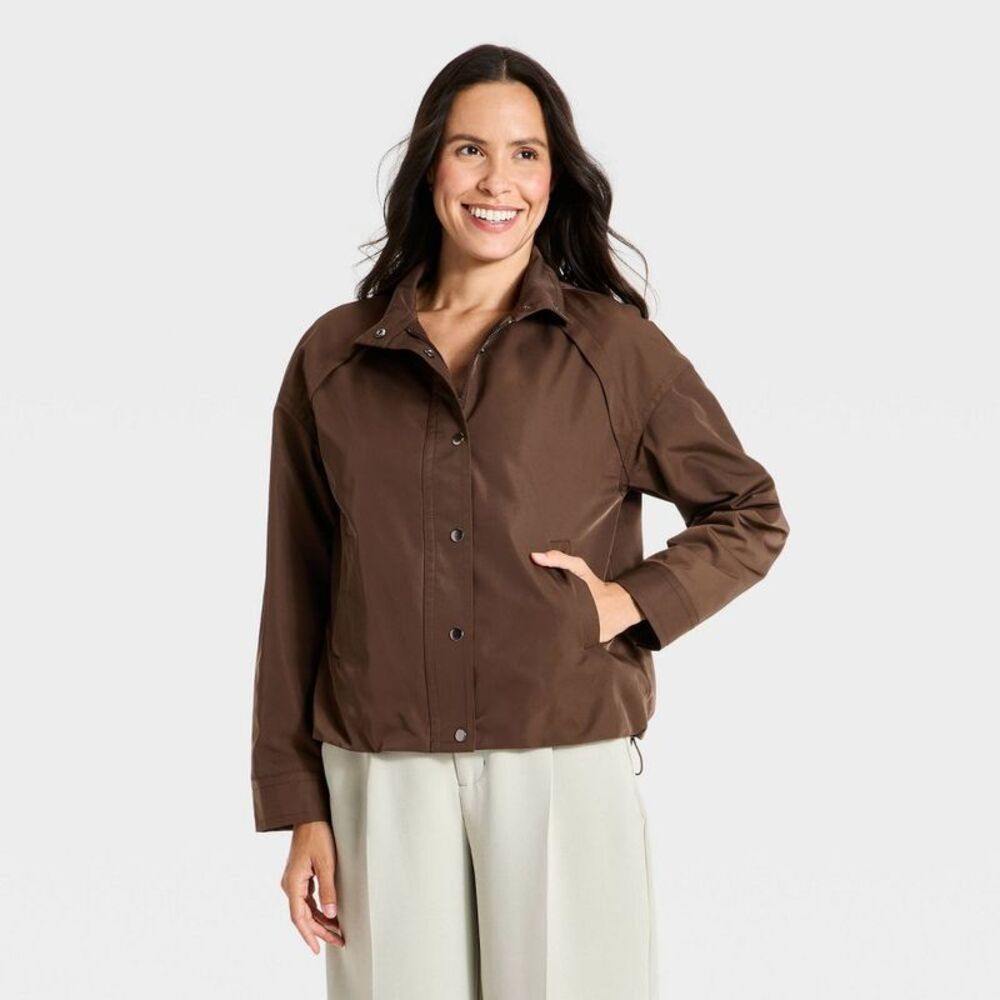 Women's Long Sleeve Button-Up Funnel Neck Collared Light Jacket -  Brown M